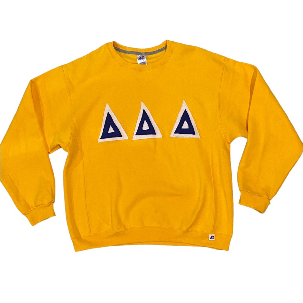 Mens Large Russell Athletic yellow crewneck sweatshirt pullover Patchwork F23